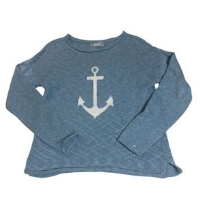 Marled Womens Blue Anchor Graphic Knit Pullover Sweater Long Sleeve Crew Neck